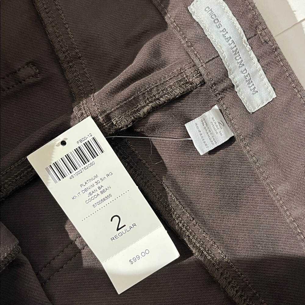 Chico's Platinum Denim Knit Jean Cocoa Bean Brown sz 2 Regular NEW! Straight Leg - Picture 2 of 6